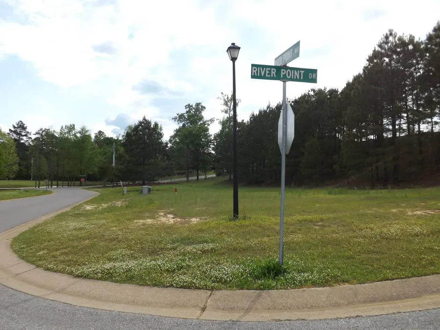 Open corner homesite with a River Point street sign, a lamppost and a stand of pines